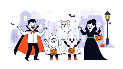Spooktacular Halloween Gathering: A cartoonish illustration of a festive Halloween scene featuring characters in classic costumes, set in a whimsical townscape under a starry night sky. 