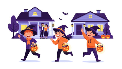 Magical Halloween Night: Joyful children, dressed in festive costumes, embark on a memorable trick-or-treating adventure under the enchanting moonlight on a Halloween night.