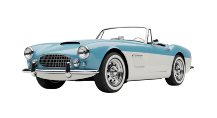 Isolated classic two-tone blue and off-white convertible car, a vintage auto beauty