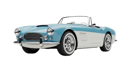 Schilderijen op glas Vintage Auto Isolated classic two-tone blue and off-white convertible car, a vintage auto beauty  © Andrei