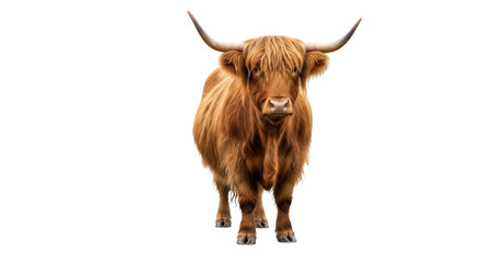 Isolated Highland cow with long hair and large horns, standing and looking at camera