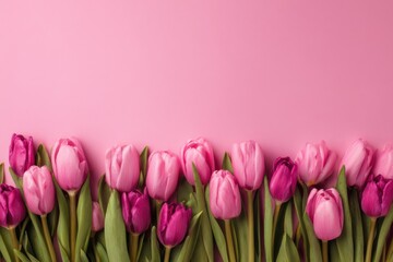 Fototapeta premium Pink tulips border on a pink background with copy space for an International Women's Day banner