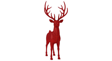 Isolated, glossy red reindeer with large antlers, viewed from the front in a studio shot
