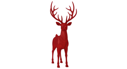 Isolated, glossy red reindeer with large antlers, viewed from the front in a studio shot