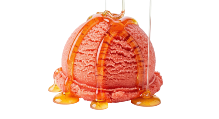 Isolated strawberry ice cream scoop with syrup, sweet dessert, summer treat, food photography