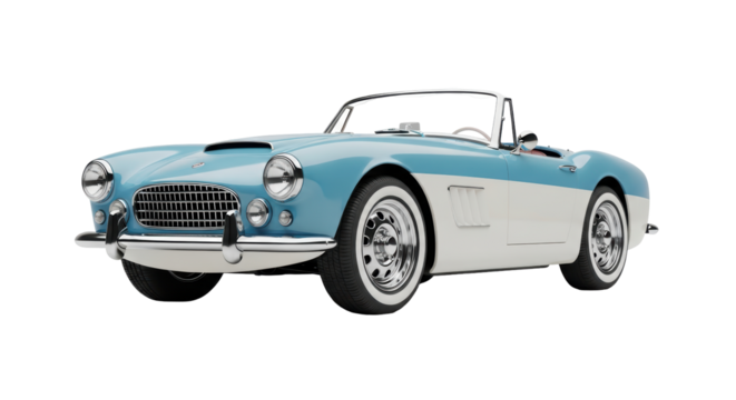 Isolated classic two-tone blue and off-white convertible car, a vintage auto beauty