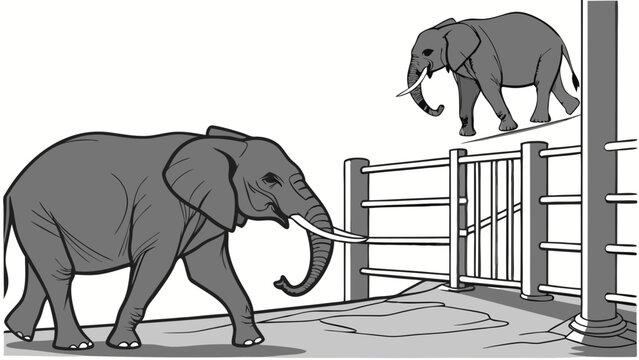 Two Elephants Near a Fence Grey Scale Illustration Wildlife Animal Zoo Safari Enclosure.