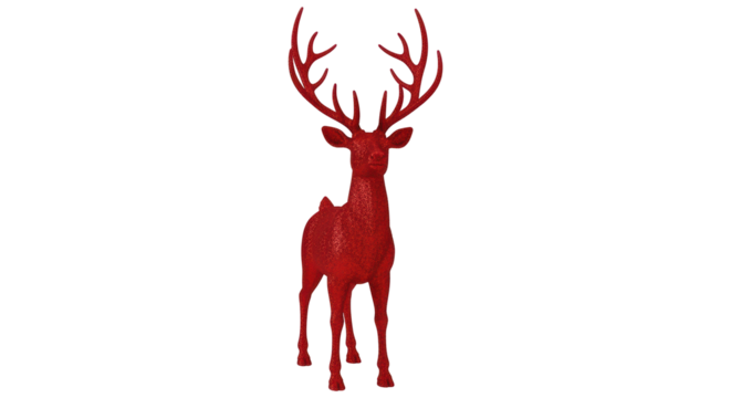 Isolated, glossy red reindeer with large antlers, viewed from the front in a studio shot