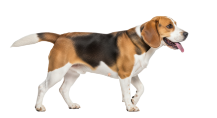 Isolated Beagle dog posing, standing and walking, looking to the right, panting