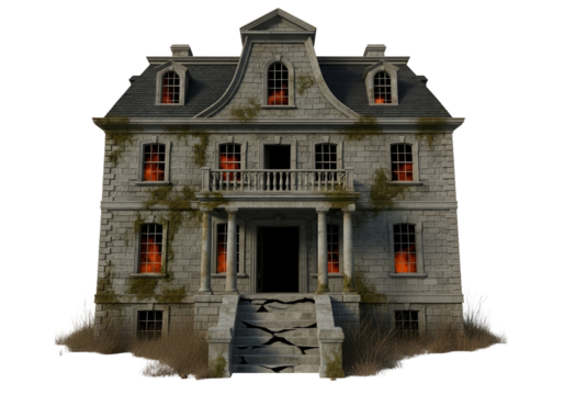 An aged stone mansion, engulfed in fire, stands against a stark black background. Its weathered facade and flickering flames evoke a haunting and desolate scene.