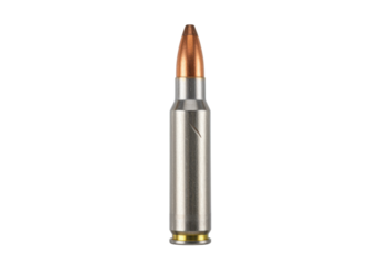 Isolated 5.56mm centerfire rifle cartridge round ammunition, metallic casing, military projectile
