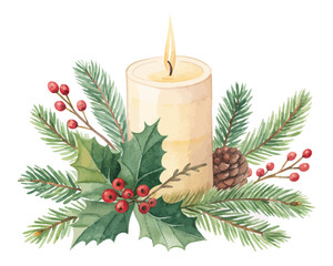 Watercolor Candle with Holly and Pine 