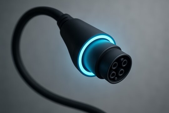 Macro view of electric vehicle charging plug with blue accent