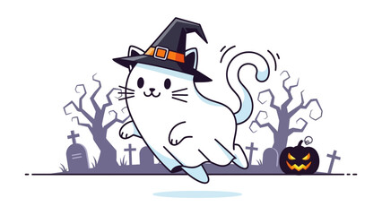 Halloween Kitty's Adventure: An adorable cat in a witch's hat leaps joyfully through a spooky Halloween scene filled with jack-o'-lanterns and silhouetted trees. A playful celebration of autumn.