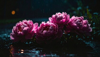 Close-up of four delicate pink peonies glistening after a gentle rainfall, set against a dark, bokeh-lit background
