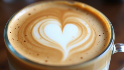 Dise&ntilde;o de coraz&oacute;n cremoso de latte art form&aacute;ndose sobre la superficie de la leche espumosa dentro de una taza de vidrio transparente