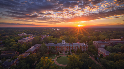 Aerial shot of the red brick buildings on the campus of the University of Georgia and vast miles of lush green trees with powerful clouds at sunset in Athens Georgia USA