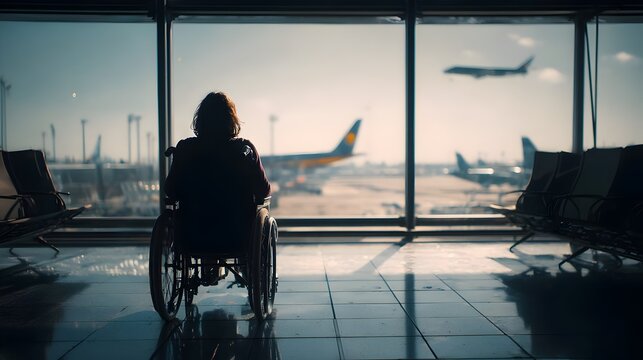 Person in a wheelchair waits at the airport terminal while planes take off and land in the background during the day
