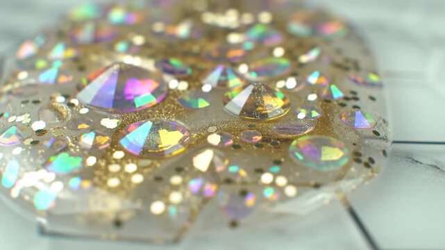 Close-up of iridescent glitter and rhinestones on a white surface.