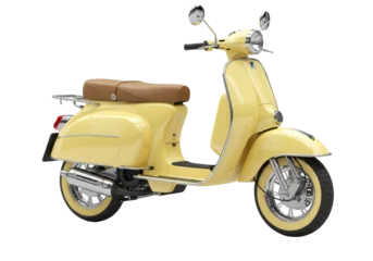 Gordijnen Scooter Isolated yellow scooter classic Italian transport vehicle antique moped two wheeler travel  © Freya