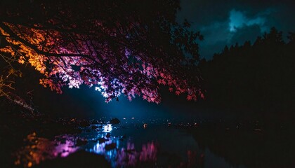 Mystic Night Reflection Illuminated Autumn Leaves by the Lake