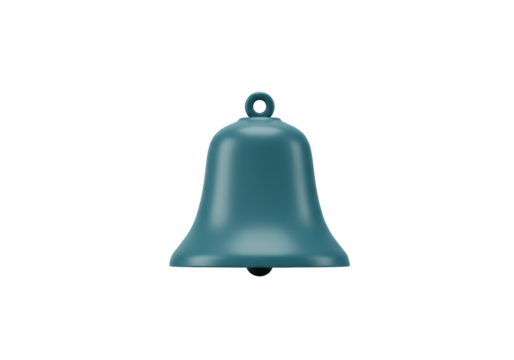 Isolated rendering of a simple, teal bell with a ball clapper and a loop for hanging