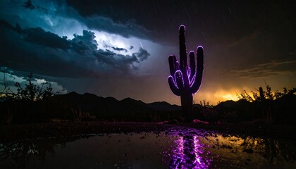 Purple saguaro cactus glows and reflects in a desert puddle, set against a dramatic night sky with distant lightning and storm clouds