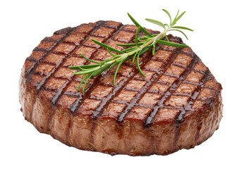 Isolated grilled beefsteak garnished with rosemary sprigs, ready to serve for delicious dining