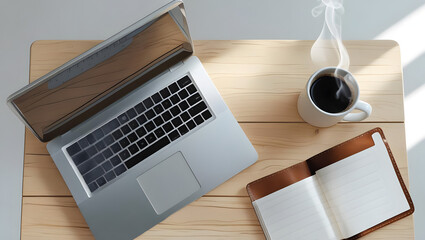 Overhead view of open laptop and coffee on wooden desk