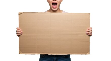 Person holding cardboard sign with mouth open