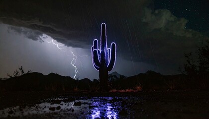 Dramatic desert landscape with a Saguaro cactus illuminated by a lightning storm at night