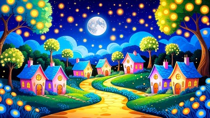 Whimsical fairytale style  village with tiny houses, sparkling lush magical  trees, stars and a huge moon 