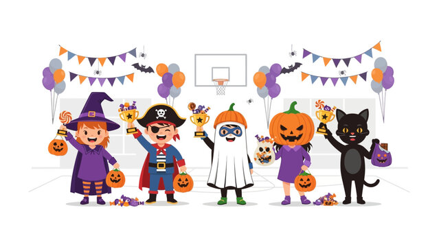 Halloween Costume Winners: A vibrant illustration showcases adorable children in a basketball court in Halloween costumes, each holding a trophy, epitomizing a festive Halloween celebration.