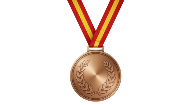 Isolated bronze medal reward with ribbon in V shape for third place athletic contest