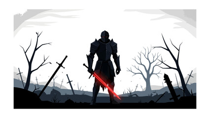 Valiant Knight's Stand: A solitary knight stands resolute amidst the aftermath of battle, brandishing his crimson blade against a haunting backdrop of a ravaged battlefield.