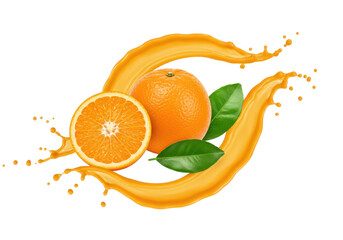 Isolated juicy oranges splashing sweet juice, citrus half and whole, realistic fruit