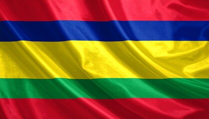 Obraz premium Mauritius flag with red, blue, yellow, and green horizontal stripes waving, symbolizing freedom, ocean, independence, and lush nature.