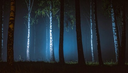 Eerie blue glow illuminates a mysterious birch forest at night, creating a captivating and tranquil yet slightly unsettling nocturnal scene filled with atmospheric light