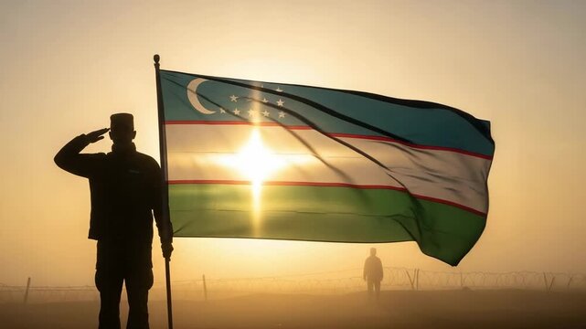 Male soldier in silhouette saluting the flag of Uzbekistan at dawn. Patriotic military concept with a hazy background and barbed wire.