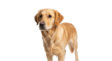 Isolated Golden Retriever dog portrait standing alert looking left in studio, no background