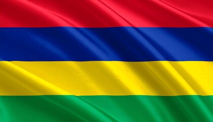 Fototapeta premium Mauritius flag with red, blue, yellow, and green horizontal stripes waving, symbolizing freedom, ocean, independence, and lush nature.