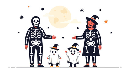 Family Halloween Fun: Illustration of a happy family dressed in Halloween costumes with a spooky atmosphere.