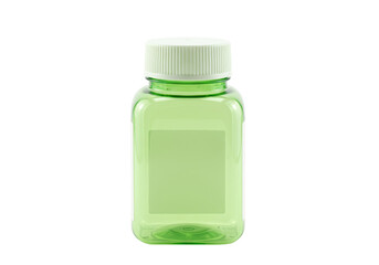 Isolated green plastic medicine bottle with white cap and blank label for supplements