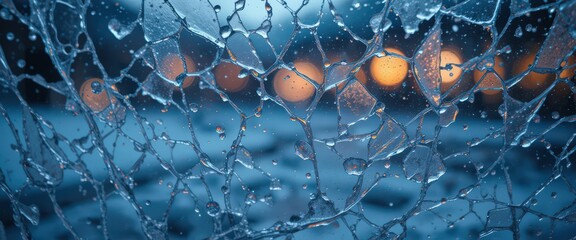 Frozen ice web with glowing lights in background during winter evening scene.