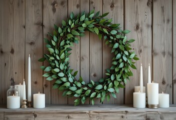 Green wreath and lit white candles on rustic wooden background for cozy decor.