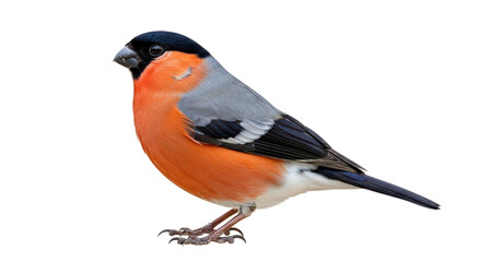 Isolated Eurasian bullfinch perching, seen in profile, shows off its beautiful colorful plumage