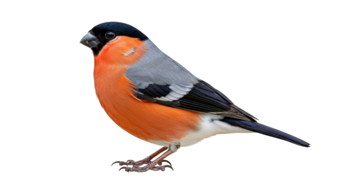 Isolated Eurasian bullfinch perching, seen in profile, shows off its beautiful colorful plumage