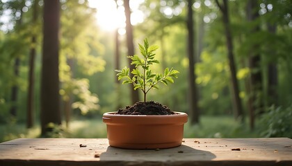 Fototapeta premium A small tree seedling growing in a terracotta pot outdoors