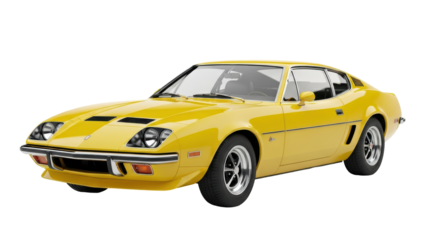 Isolated yellow classic coupe, a sporty 70s car for auto enthusiasts and classic car collectors
