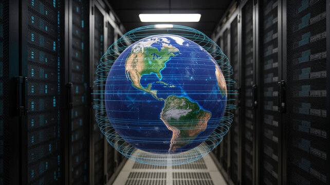 Globe with digital lines in a server room represents global data and connectivity - Powered by Adobe